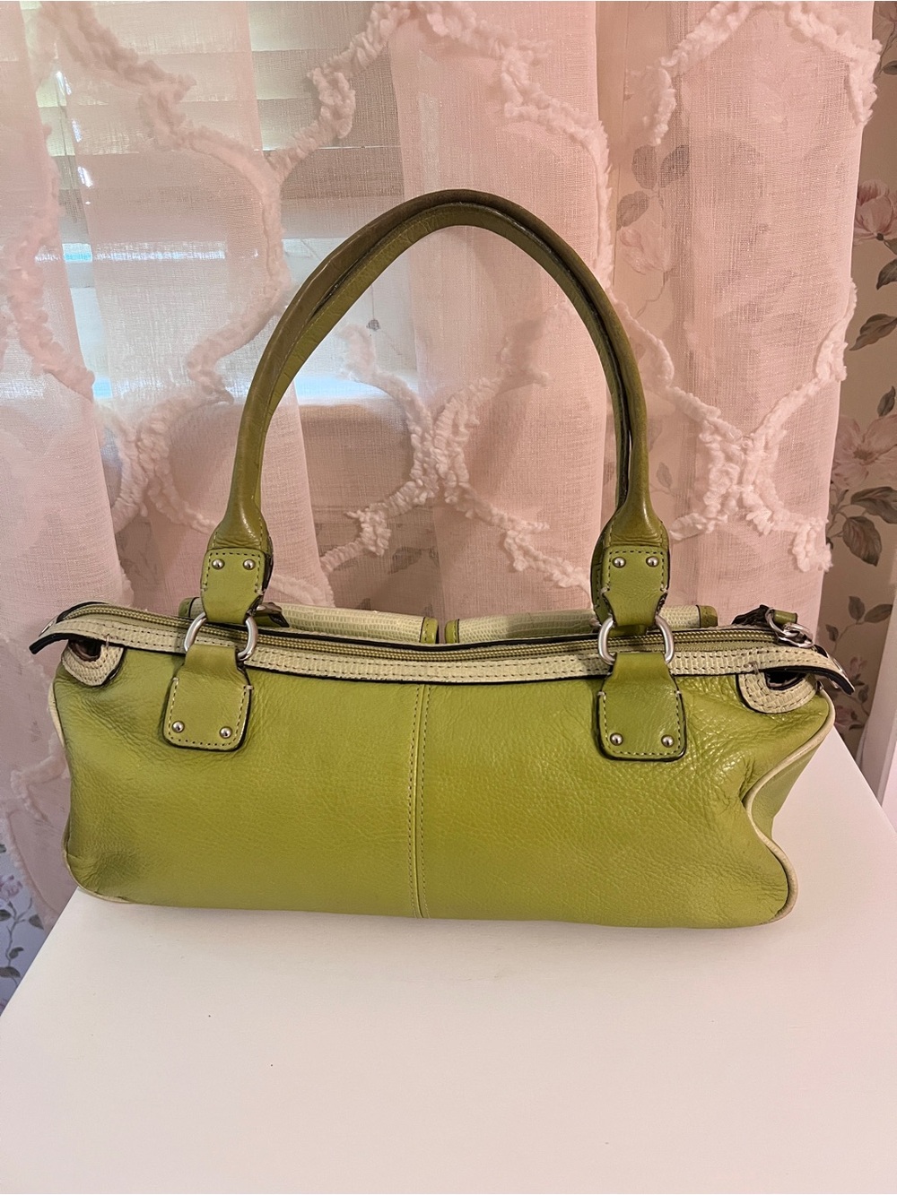 Fossil Genuine Leather Lime Green Shoulder Handbag w/ Matching Card Holder Y2K - Picture 2 of 10